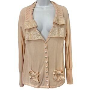 Nanette Lepore Blush Pink Sequin Collar Button Up Merino Wool Cardigan sz L NEW